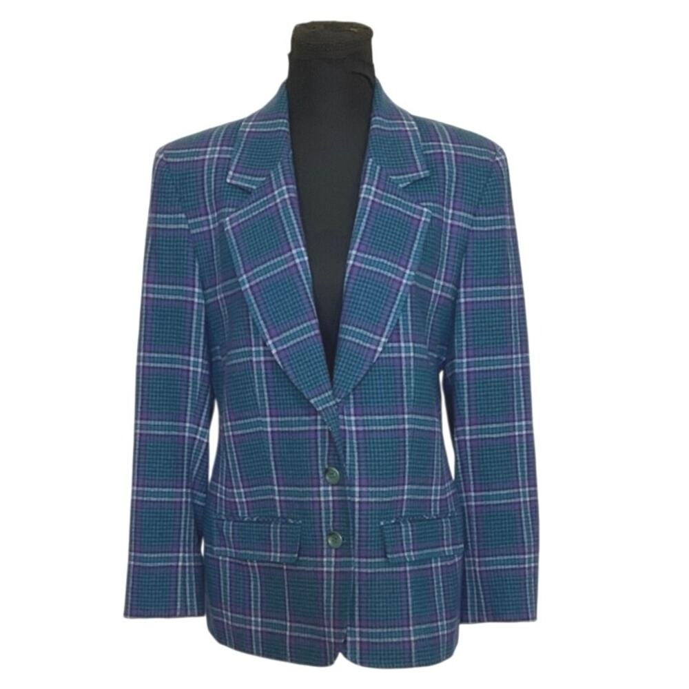 Vintage Pendleton Wool Plaid Blazer USA Made Size 6 Teal Purple - Picture 2 of 10
